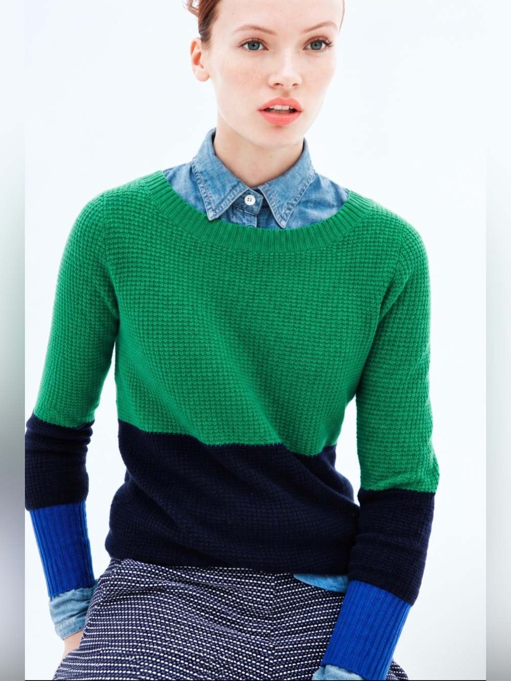 J.Crew 100% Cashmere Colorblock Sweater Italian Yarn Green Navy Blue S